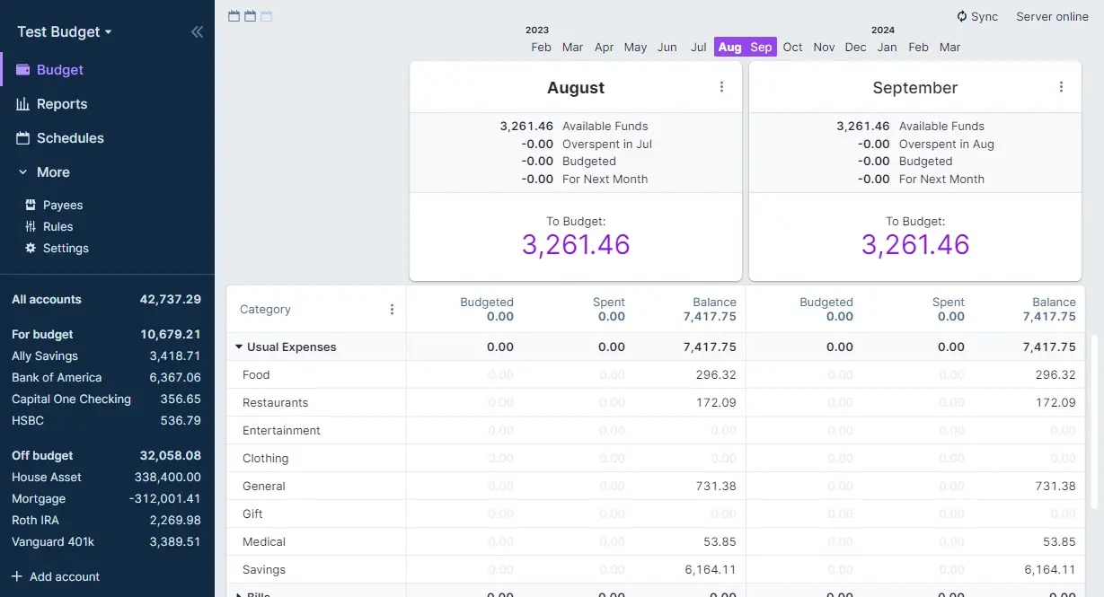Actual Budget interface showing account balances, transactions and budget categories.