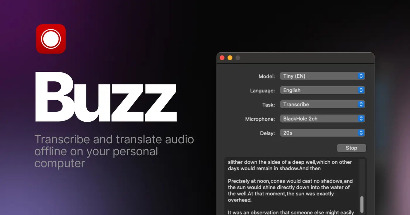 Official Buzz banner showing its offline transcription interface and model controls.