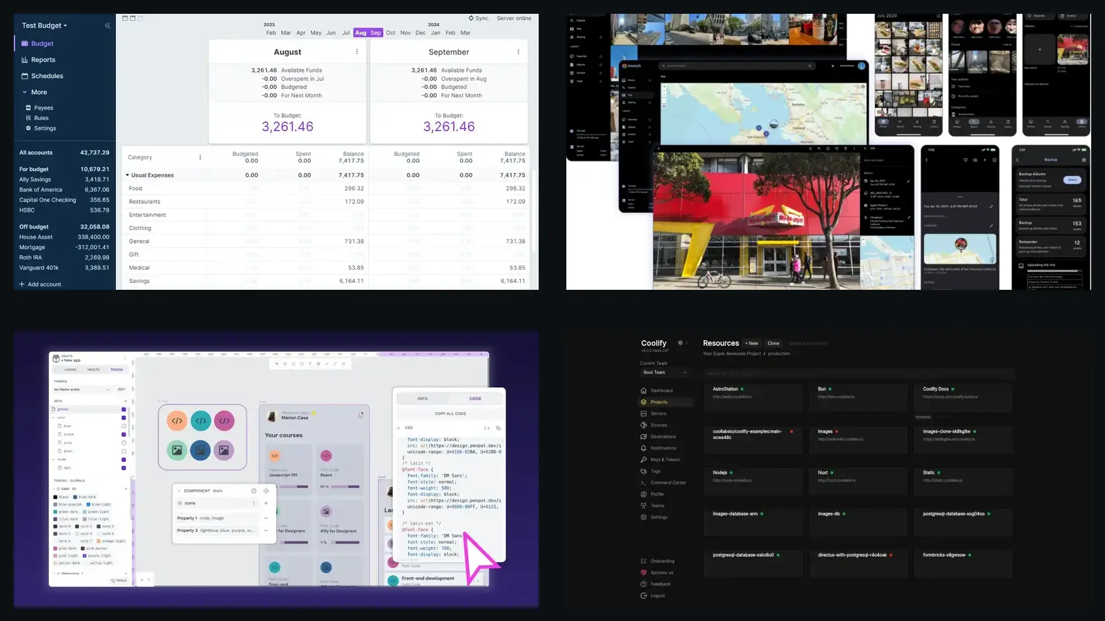 A collage of authentic Actual Budget, Immich, Penpot and Coolify interfaces.