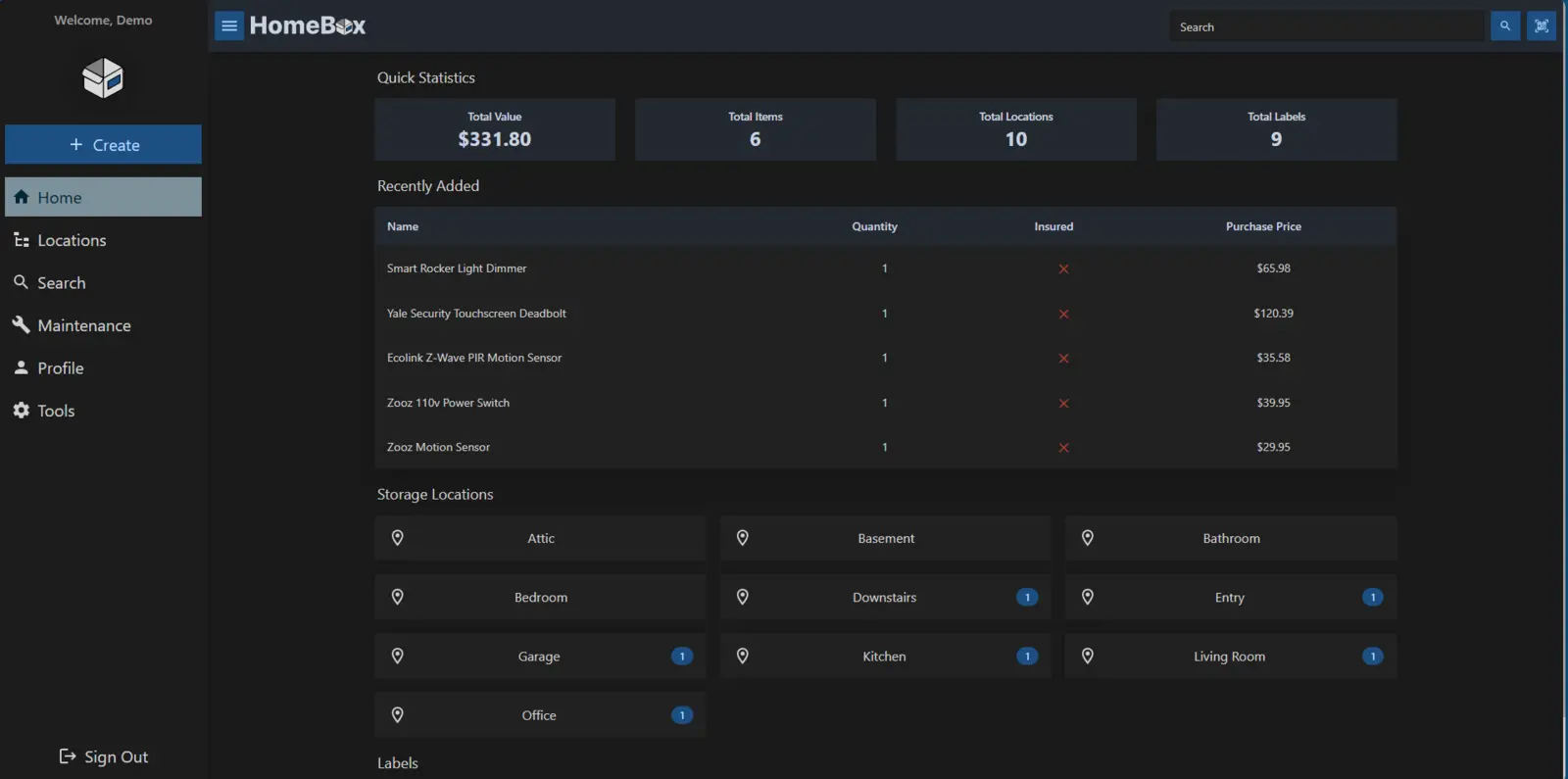 Official HomeBox dashboard showing inventory statistics, recent items and household storage locations.