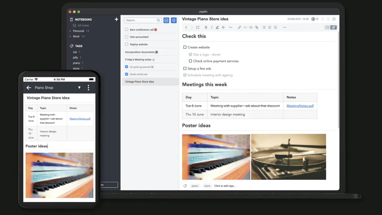 Joplin running across desktop and mobile devices with notebooks, notes and attachments.