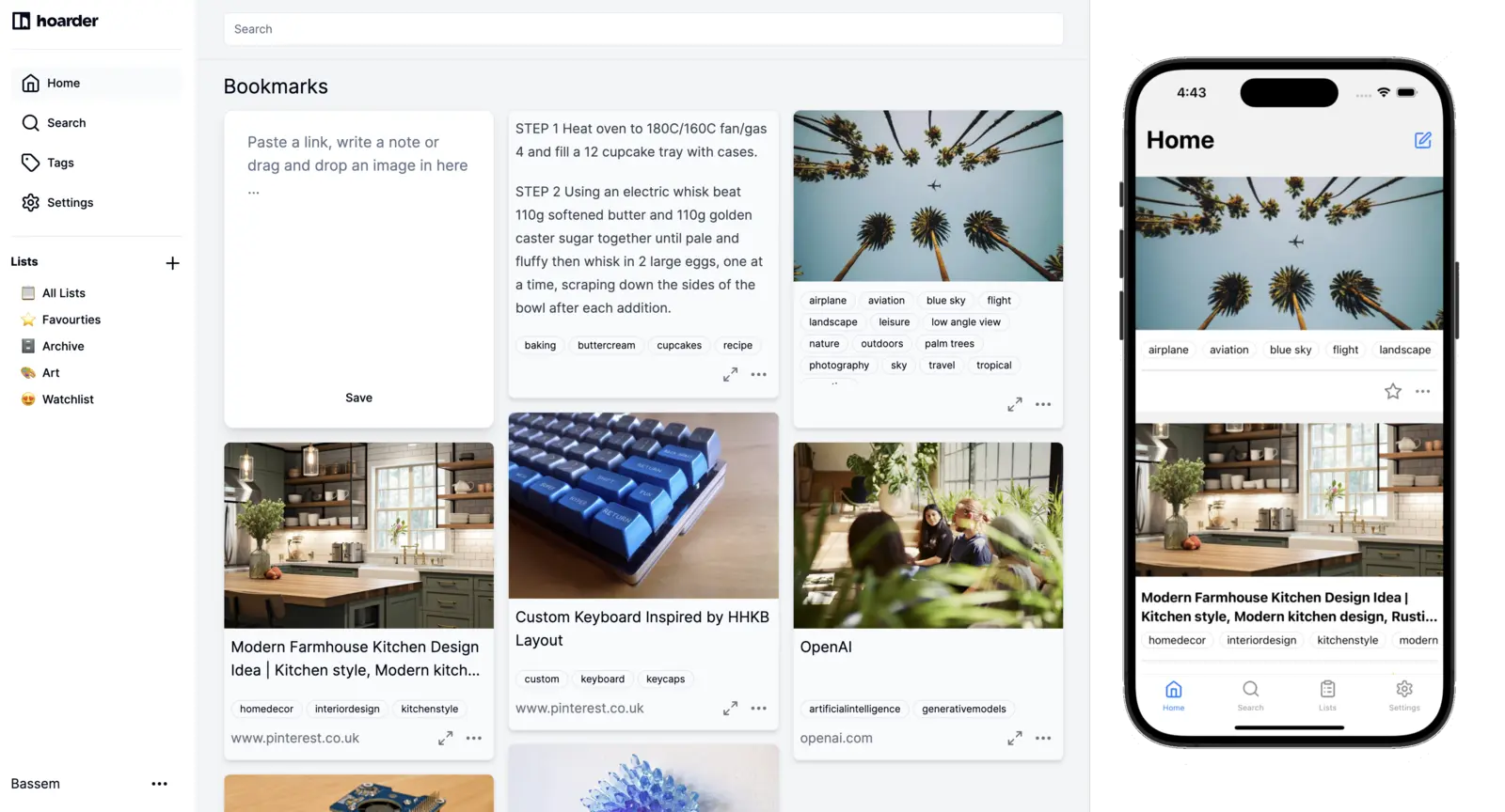 Karakeep interface showing saved links, images, tags and a mobile reading view.