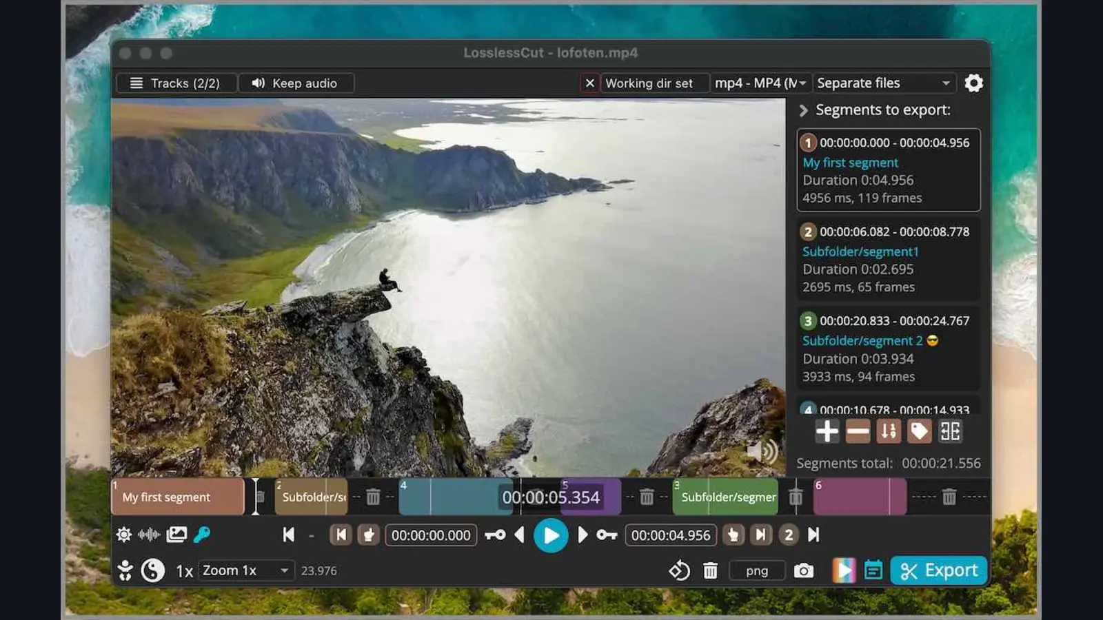 Official LosslessCut interface showing a video preview, timeline segments, tracks and export controls.