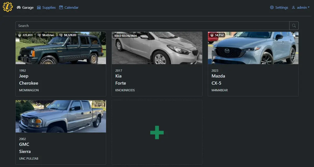 Official LubeLogger garage showing several vehicles and their maintenance statistics.