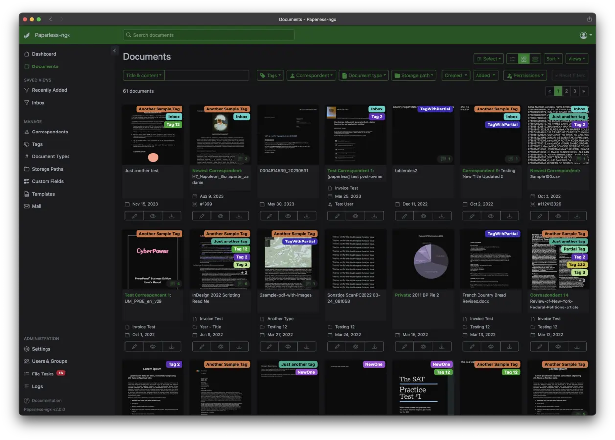 Paperless-ngx document archive showing searchable records, tags and correspondents.