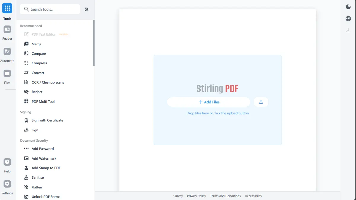 Stirling PDF home screen showing private PDF editing and conversion tools.