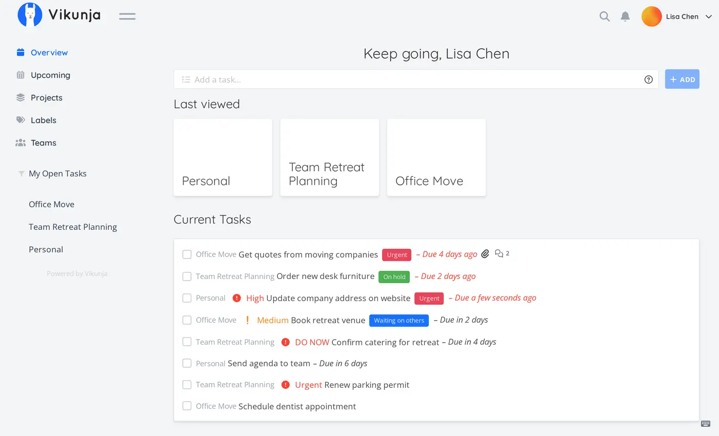 Vikunja task overview showing lists, due dates, priorities and assigned household tasks.