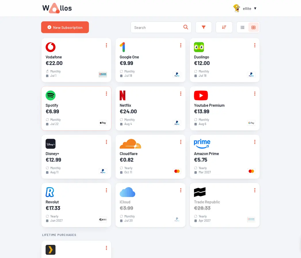 Official Wallos dashboard showing recurring subscriptions, prices and next payment dates.
